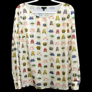 Talbots Tea Party Top Cream Womens Size M Teapots Cups Chairs Long Sleeve Whimsy